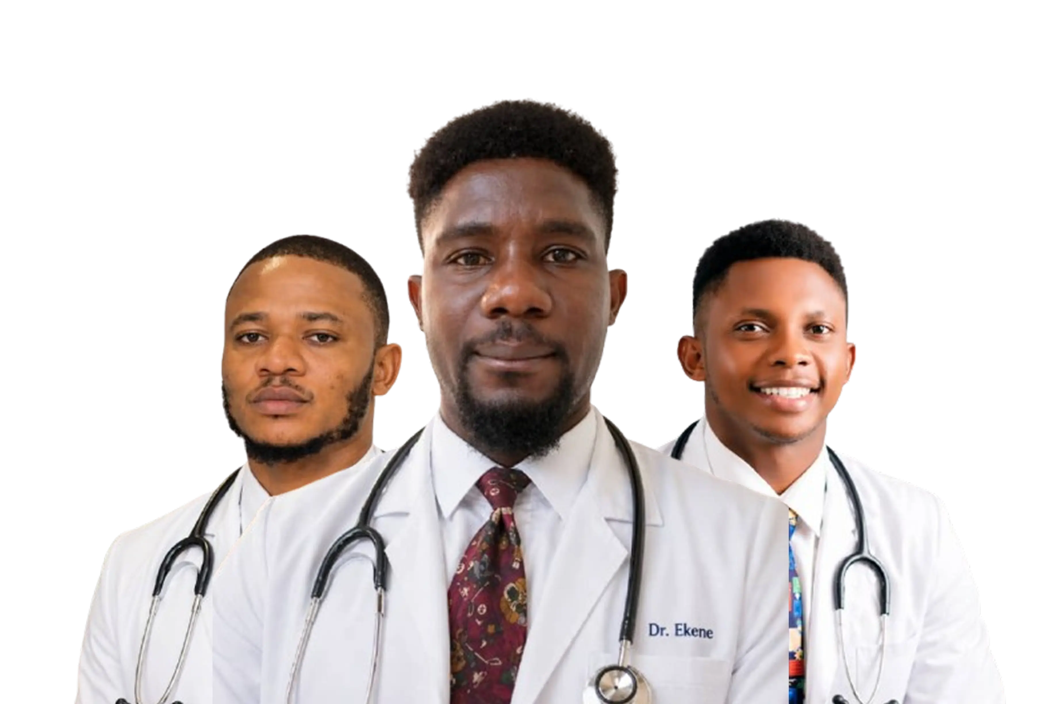 Three Caretekk doctors in white coats, ready for an online consultation