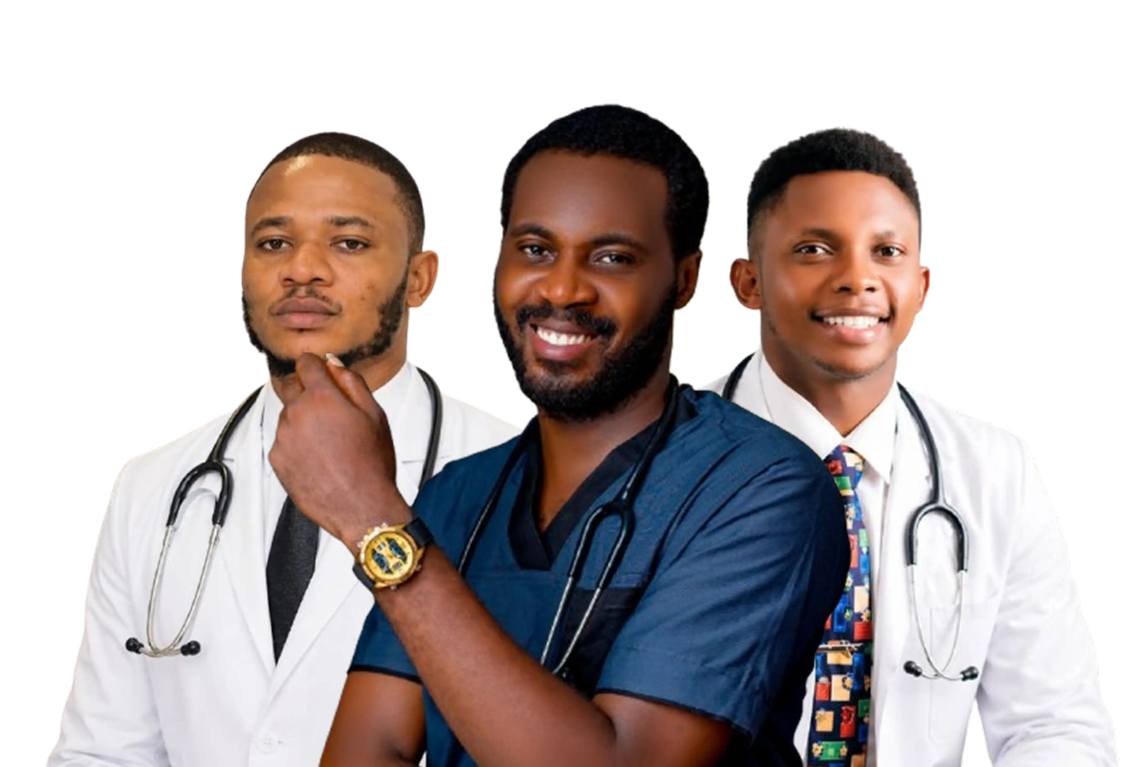 Caretekk doctor in blue scrubs with two colleagues, ready to provide care at home